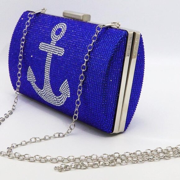 Luxurious Rhinestone Anchor Clutch Purse - Evening Handbag in Blue Glitter - Picture 2 of 6